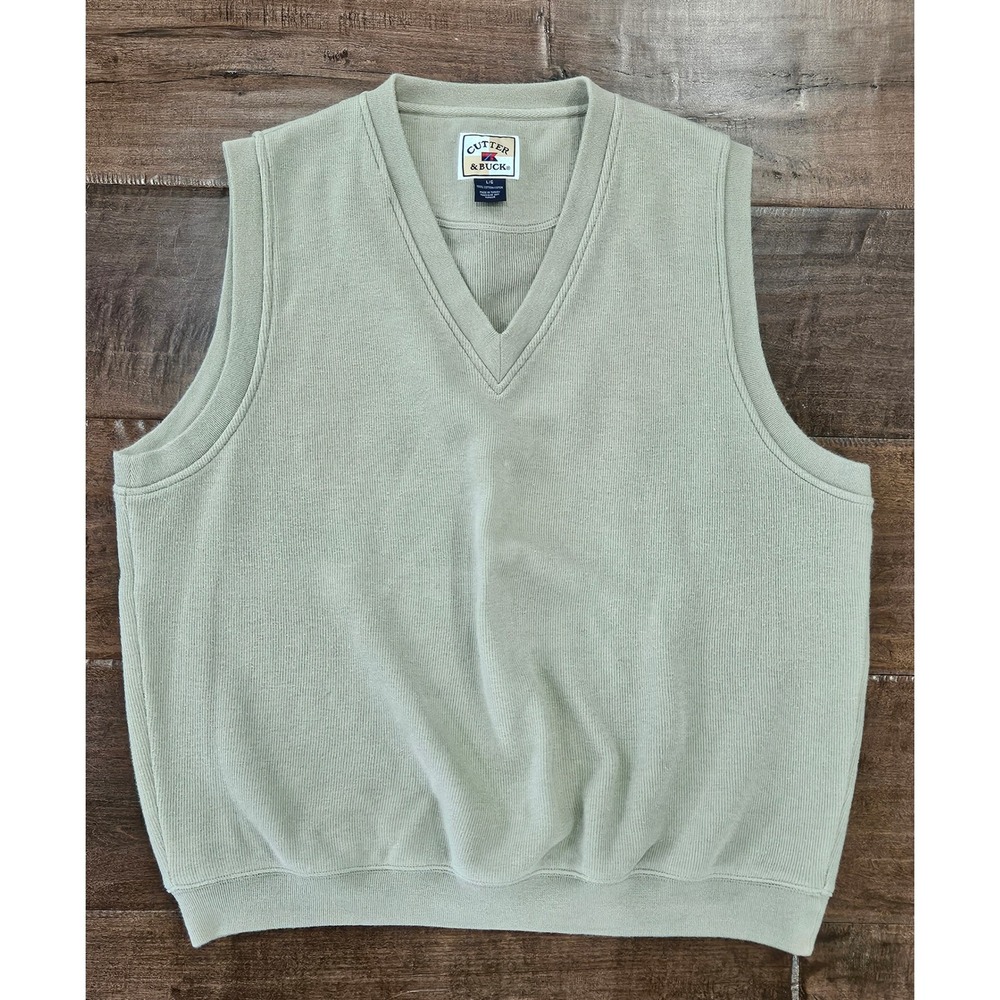 Y2K Cutter & Buck Mens L Golf Khaki V-Neck 100% Cotton Knit Sweater Vest